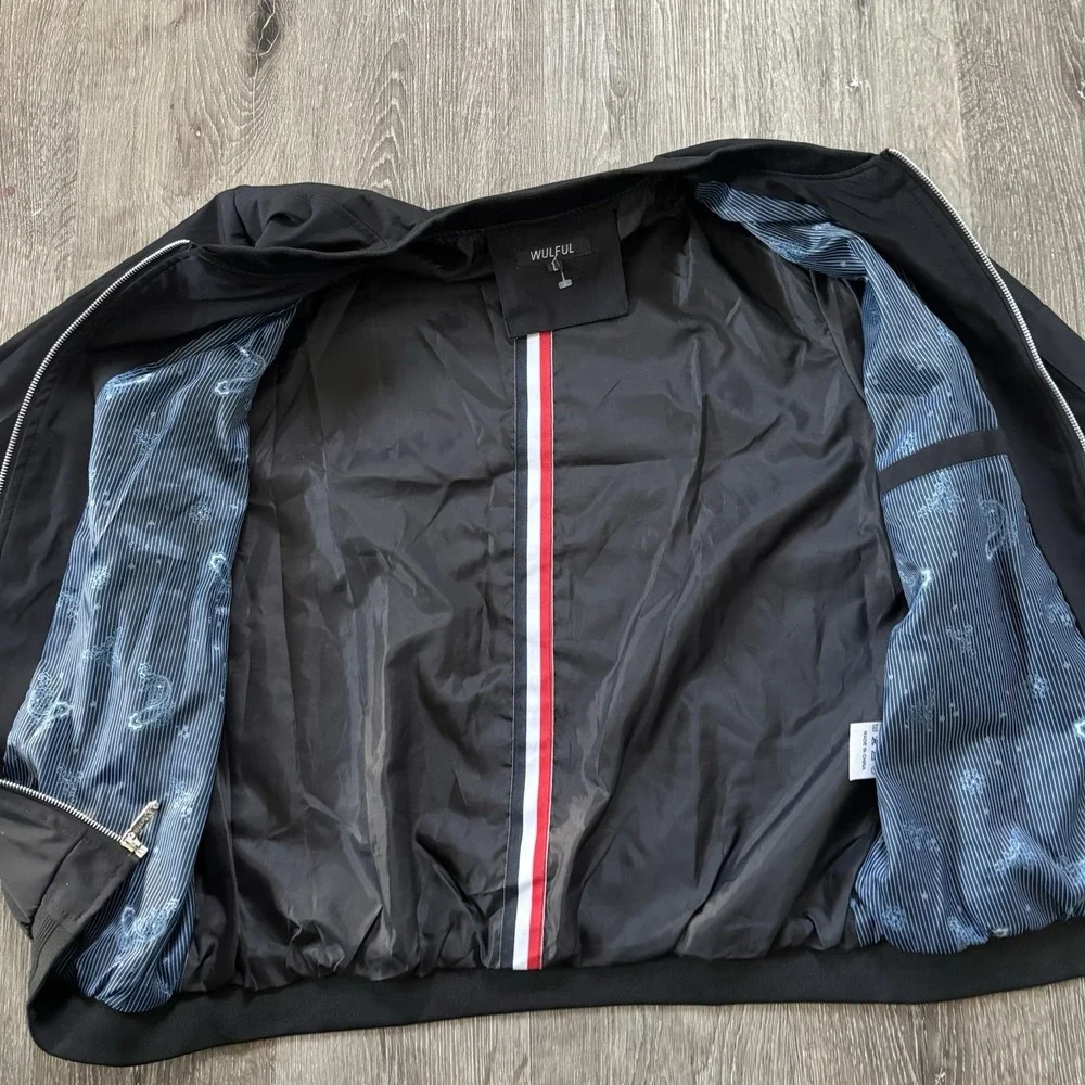 Wulful Men's Casual Lightweight‎ Windbreaker Bomber Jacket Black Size Large